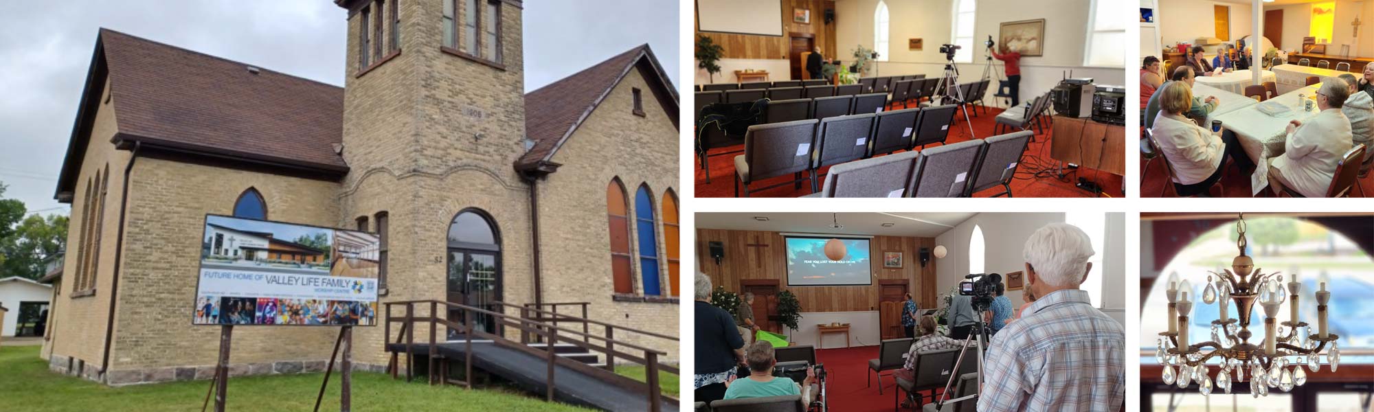 Exterior and interior images of Calvary Church in Minnedosa, Manitoba