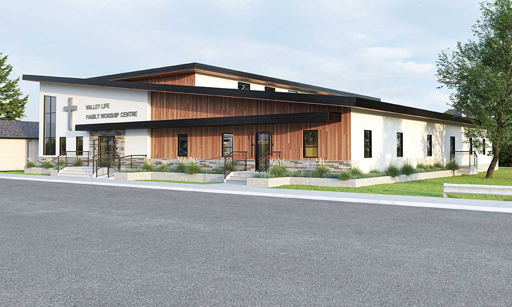 Exterior rendering of the Valley Life Family Worship Centre, Minnedosa, Manitoba