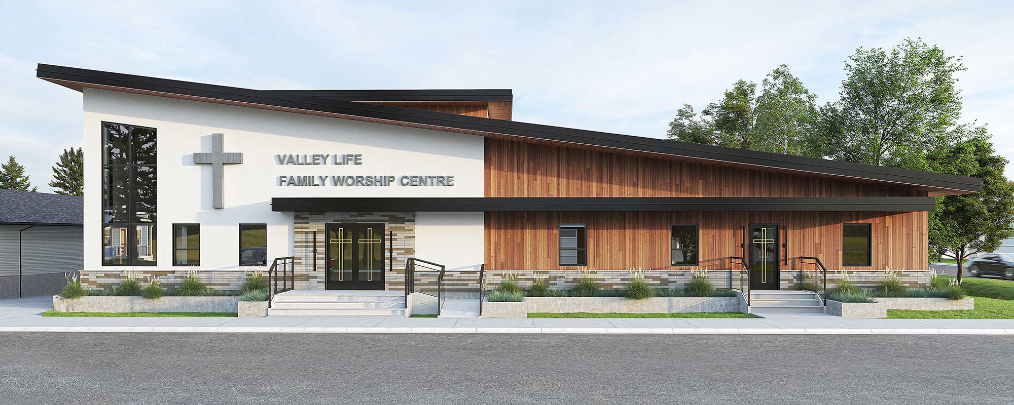 Exterior rendering of the Valley Life Family Worship Centre, Minnedosa, Manitoba